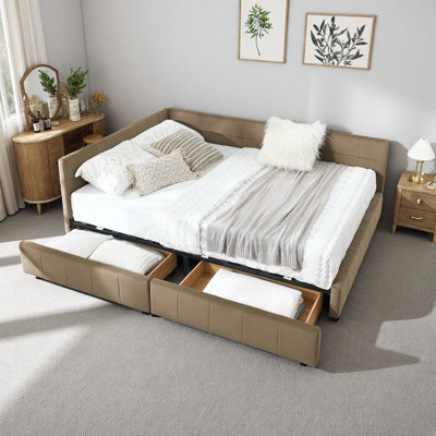 Queen Velvet Storage Daybed Sofa Bed, Mid-Century Tufted Upholstered Bed Frame with Drawers & Armrests, Brown