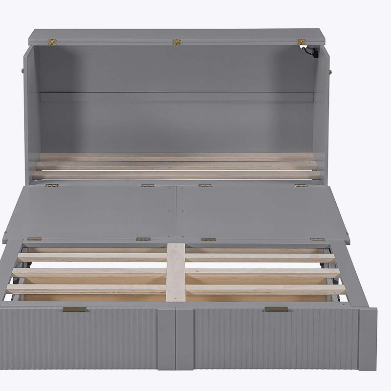 Grand lit escamotable avec tiroir et un ensemble de prises et ports USB, structure de poulie, gris, Grand lit, Gris