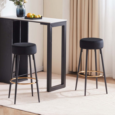 Seattle 15.4" Wide Modern Black Metal and Velvet Bar Stools with Gold Footrest