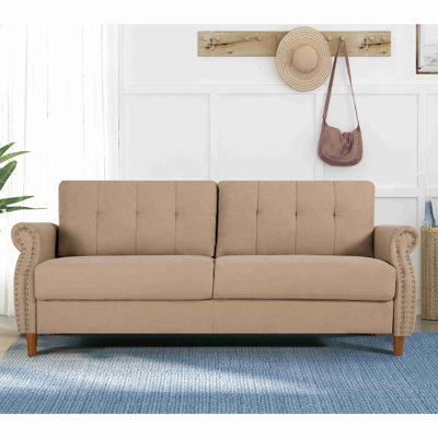 Transitional Button Tufted Loveseat Sofa, Rolled Arm with Nailhead Trim Polyester Fabric 2-Seater Couch, Solid Pine Frame Round Rubber Legs for Living Room, Multi Colors Option