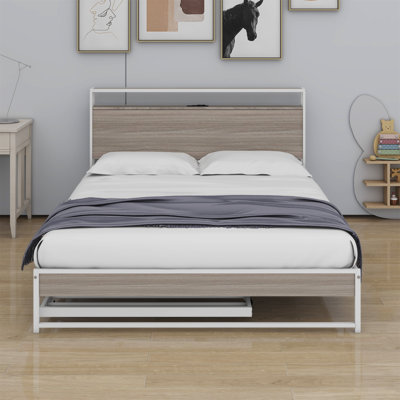 Metal Platform Bed Frame With Trundle, USB Ports And Slat Support