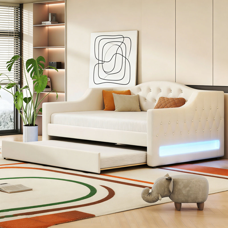 Sofa Bed Full XL With Trundle And LED Lighting, Full XL, Beige