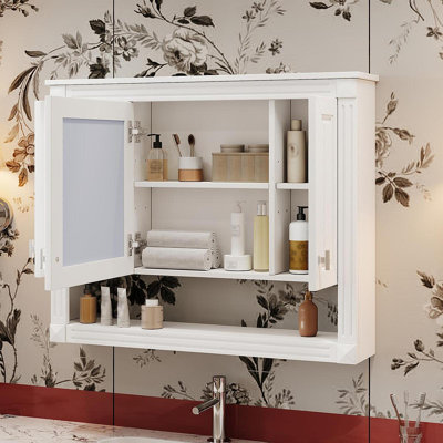 Armoire de salle de bain murale 35 pouces avec miroir, armoire à pharmacie murale avec tablette ouverte, armoire de rangement à porte sur miroir, blanc