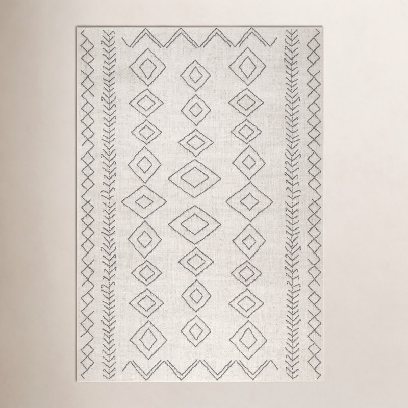 Ezri Diamond Indoor/Outdoor Area Rug for Living Room Patio Deck Front Porch Kitchen, Ivory/Dark Grey, Rectangle 5'3" x 7'6"
