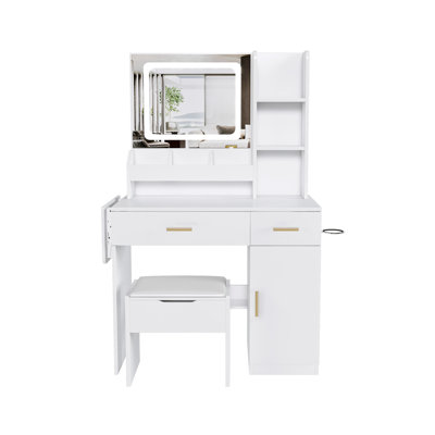 Vanity Desk with LED Mirror Lights and Power Outlet Charging Station, Makeup Dressing Table with 3 Drawers, 7 Shelves and Storage Stool, for Girls and by Ebern Designs