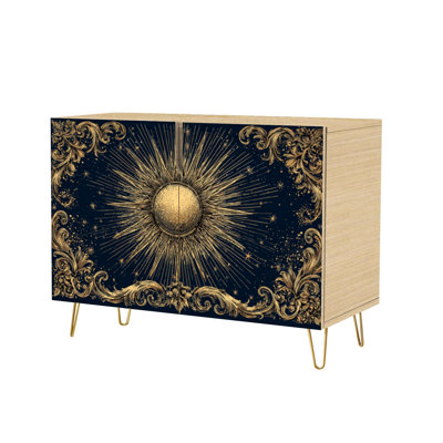 Sideboard Buffet Cabinet with Storage Celestial Moon Sunburst Gold Ornamental Frame Starry Night with 2 Doors for Living Room and Kitchen