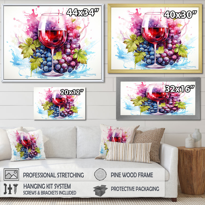Grape Elegantburgundy Wine II - art mural vin, Cadre de coin blanc fermé, H 30 po x l 40 po x P 1,5 po