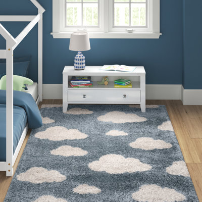 Tapis bleu sarcelle / crème à poils longs Broome Kestner