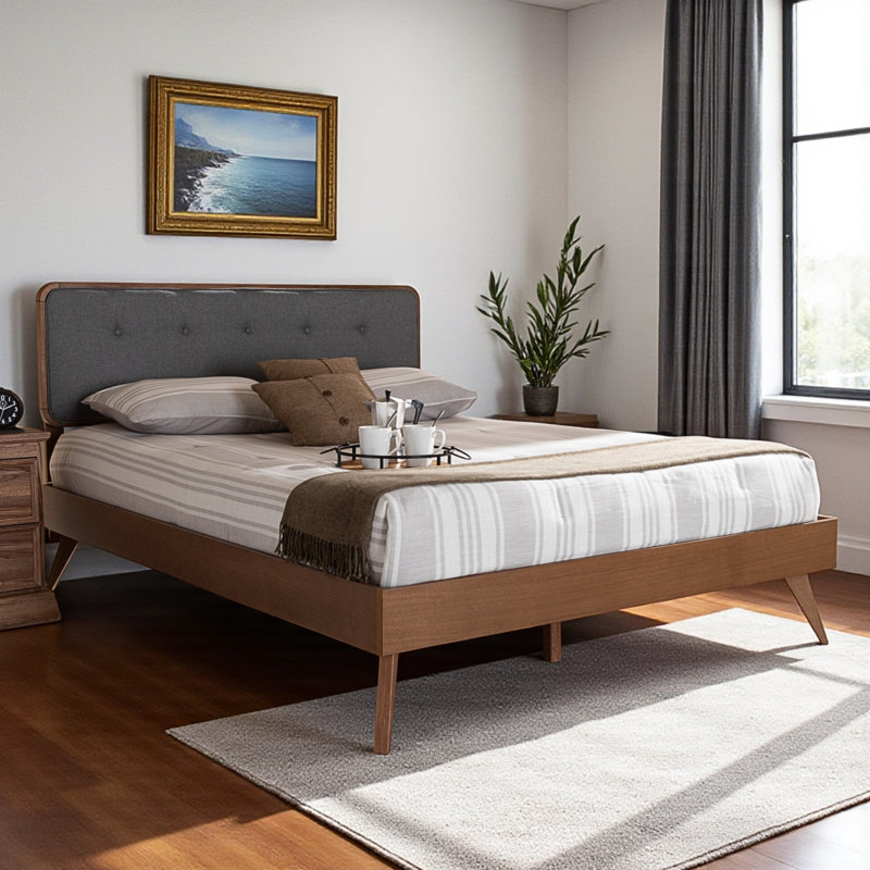 Oaken Queen Size Platform Bed with Upholstery in Dark Grey Fabric and Brown Finish, 58.03'' H X 63.62'' W X 83.89'' L, Queen