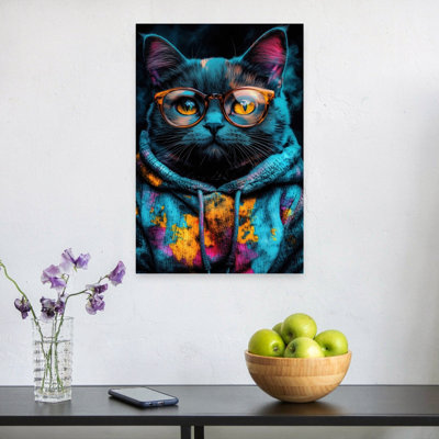 Hip Cat With Glasses Contemporary Cat Architecture City Wall Art Print 1 Piece Wrapped Canvas Wall Art