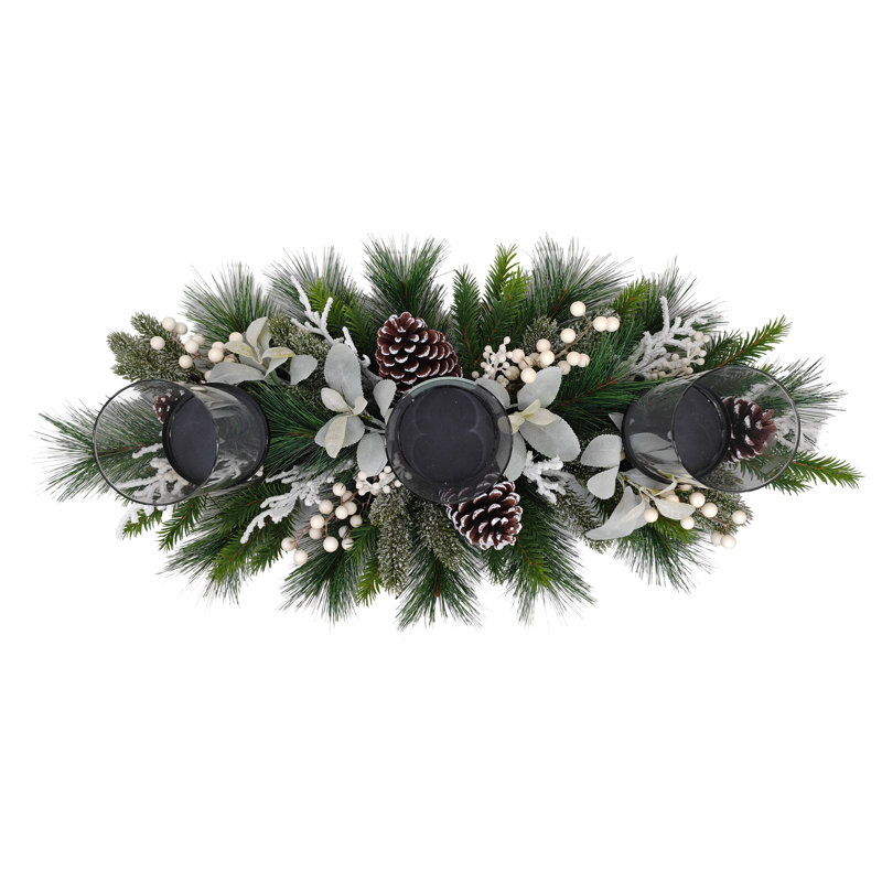 Centre de table de Noël enneigé avec bougies triples et ouragan en verre