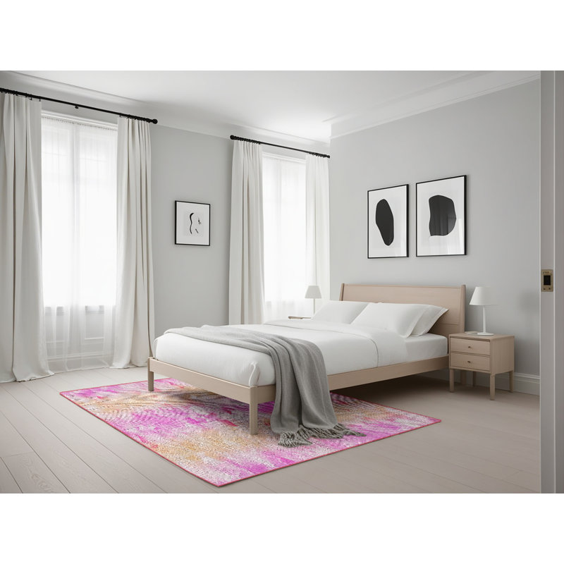 Tapis rose/motif jaune à motif, Rectangle 5 pi x 7 pi