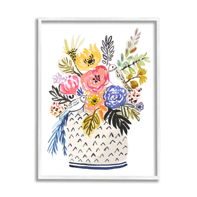 «Birds Perched Fun Floral Blossoms» par Karen Fields - peinture à cadre flottant sur bois, H 30 po x l 24 po x P 1,5 po