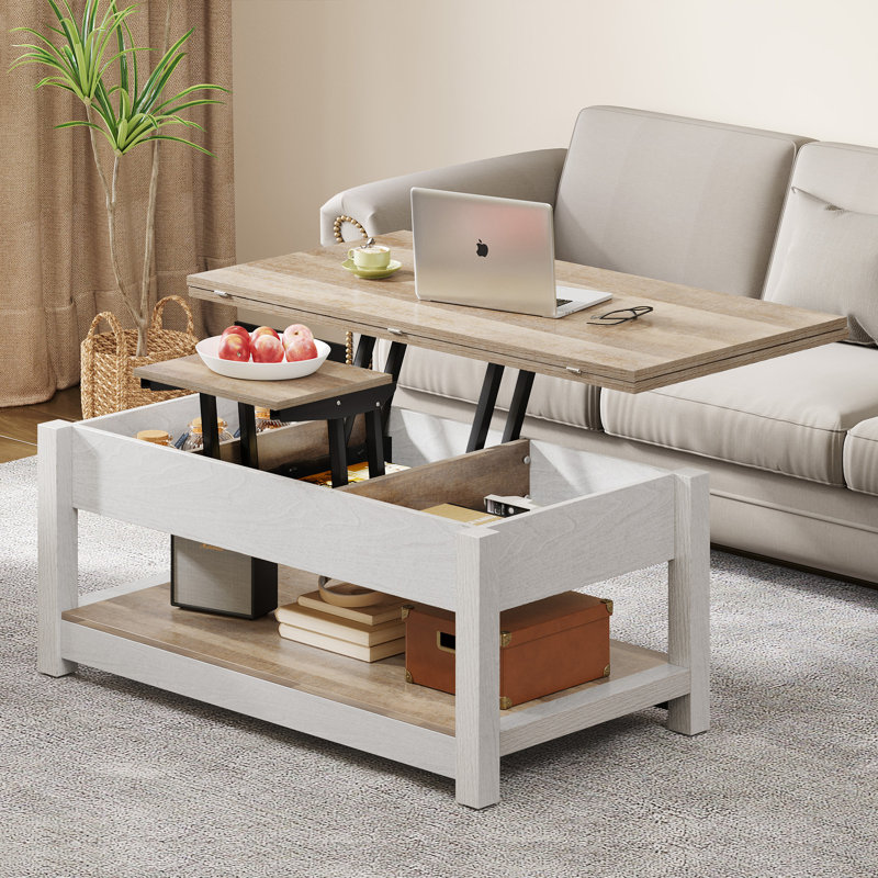 Bojko Multi-Function Lift Top Coffee Table with Hidden Compartment and Storage Shelf, Greyish White, Grey Wash