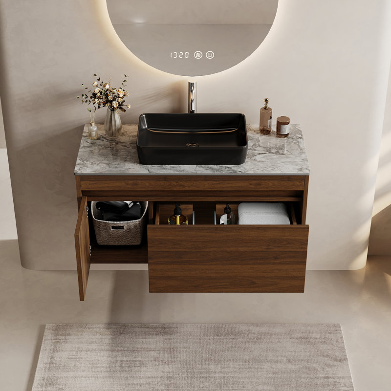 Meuble-lavabo flottant 36 po avec plateau en pierre frittée, vasque en céramique noire et armoire en bois multi-couches sans poignée