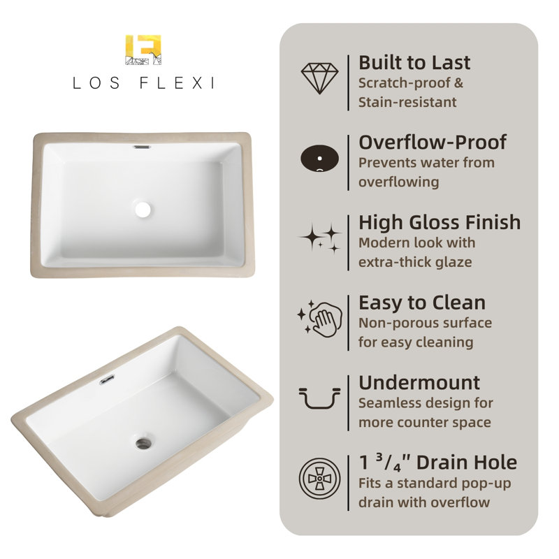 Los Flexi Rectangular Undermount Bathroom Sink, 24" x 16" White Ceramic Vanity Sink with Overflow