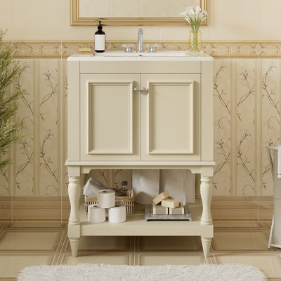 Meuble-lavabo de luxe moderne avec lavabo en céramique, armoire de salle de bain avec tablette ouverte et rangement fermé