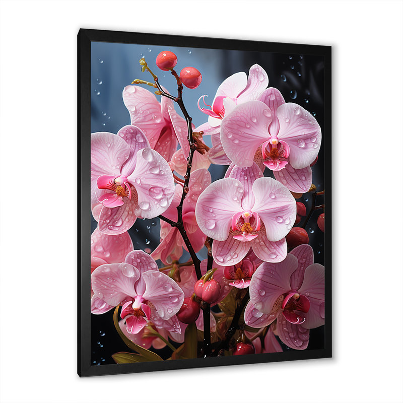 Orchidées roses, orchidées roses, fusion néon II sur toile, Cadre simple noir, H 32 po x l 16 po x P 1 po