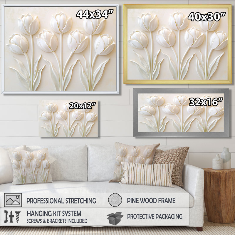 «Minimal White Tulips In Bloom II», reproduction d'art de tulipes, H 34 po x l 44 po, Blanc