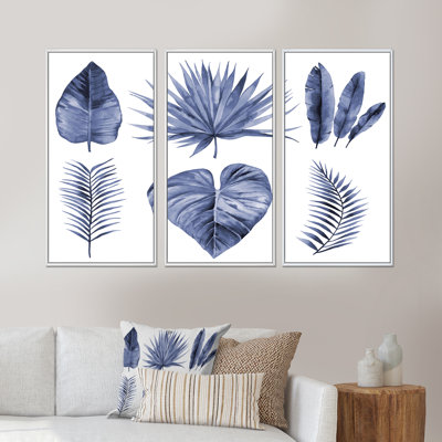 «Tropical Blue Watercolor Leaves IV», peinture sur toile flottante 3 pièces