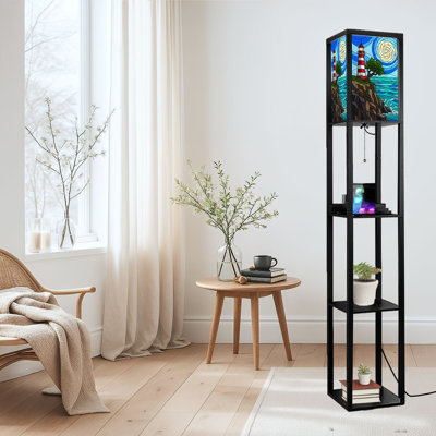 Lampe sur pied à DEL à intensité variable avec éclairage en vitrail, paysage de nuages en ciel de mer, lampe sur pied en bois aggloméré avec télécommande, lumière 3 couleurs, pour le salon, la chambre à coucher