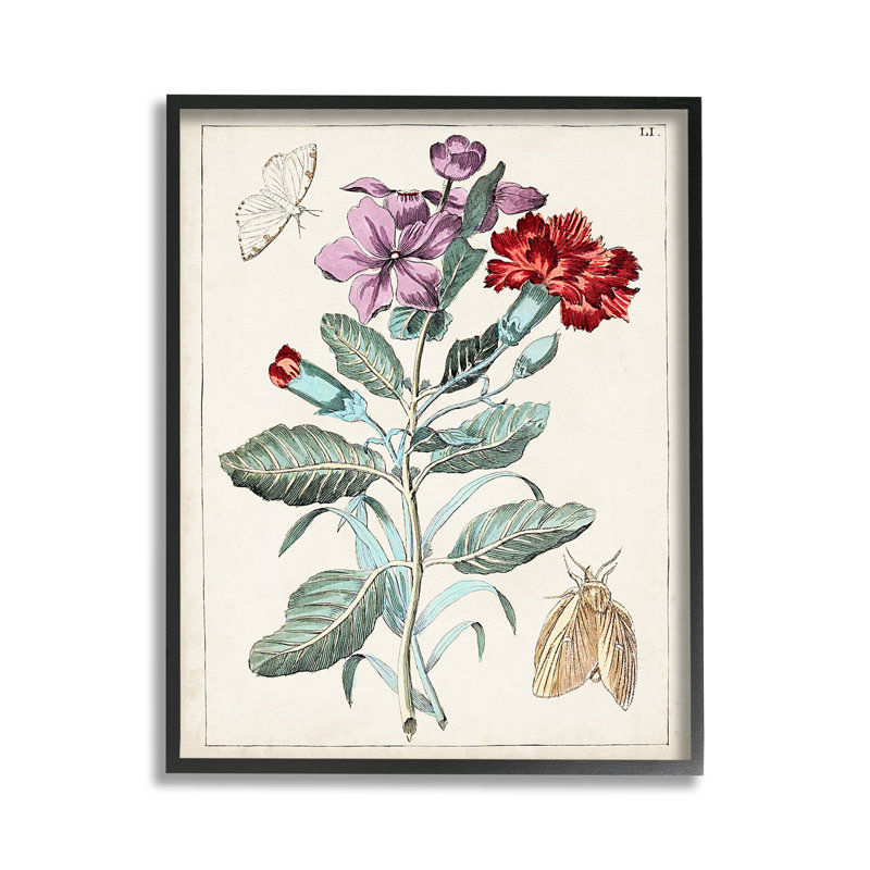 Papillons rétro avec fleurs et giclée, Giclée encadrée noir minuit, H 14 po x l 11 po