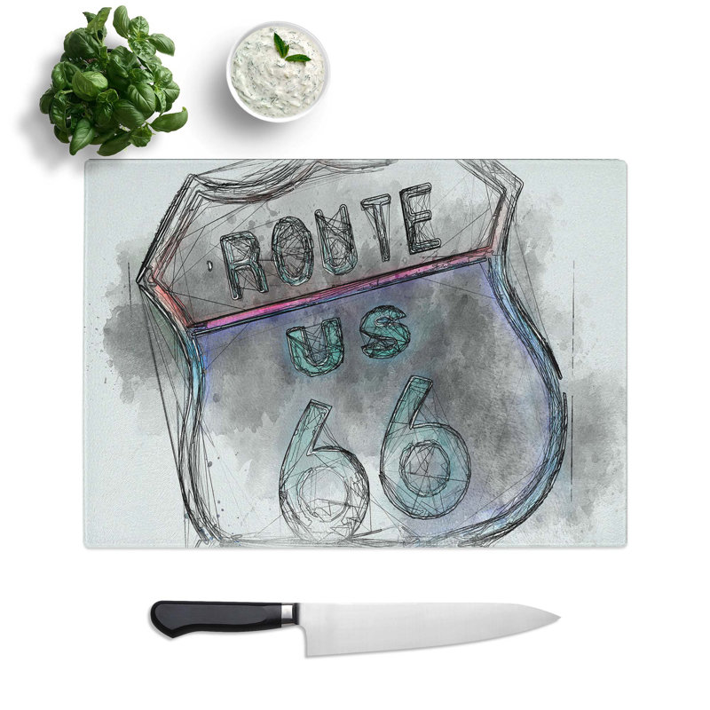 Tempered Glass Neon Route 66 Sign Chopping Board, 39 cm W x 28.5 cm L