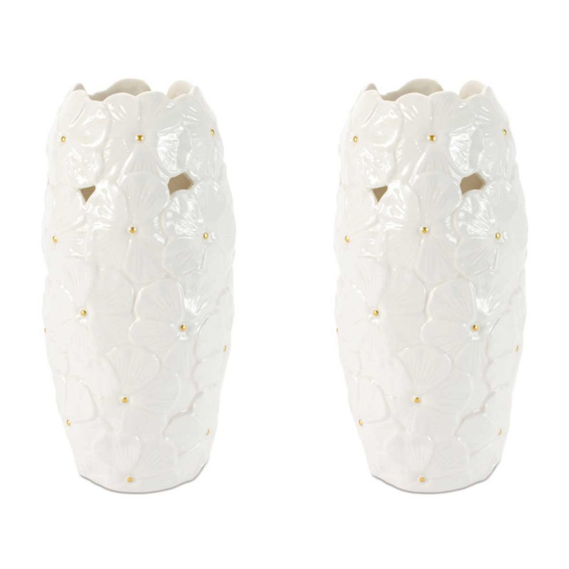 White Floral Embossed Ceramic Vase (Set of 2), 8.6"