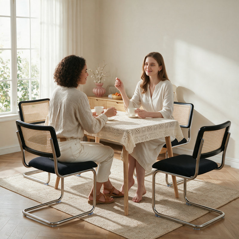 Ensemble de 4 chaises de salle à manger en rotin noir et chrome, chaises de cuisine modernes en bois de style Mid-Century, chaises de salle à manger en canne à dossier en filet, chaise Cesca Design avec pieds en métal chromé
