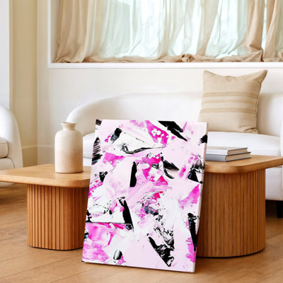 Abstrait rose noir et blanc, coup de pinceau, reproduction d'art moderne sur toile, abstrait moderne, noir, accent rose, décoration intérieure pour le salon, la chambre, le bureau, le couloir, la galerie