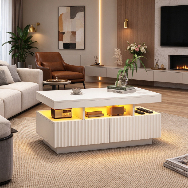 White Ribbed Drawer Coffee Table with LED Ambient Lighting, Stylish Sofa End Table for Living Space