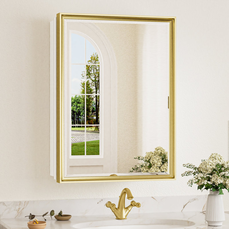 Cyrille Recessed & Surface Framed Medicine Cabinet with Mirror and Shelves, 27" H x 21" W x 5.2" D, Gold/White