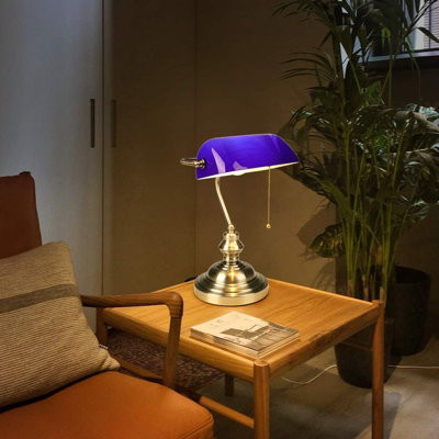 Blue Glass Bankers Desk Lamp With Rotating Shade, Bronze Base, Pull Chain Switch, E26 Socket For Home Office, Bedroom, Library, And Piano