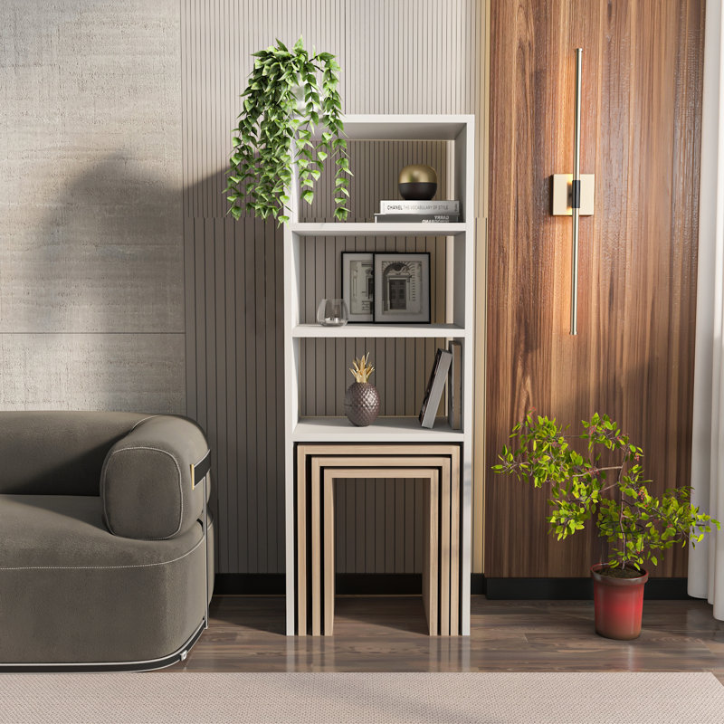 Melo 120 cm Modern Bookcase with 3-Piece Nesting Table Set, Cordoba