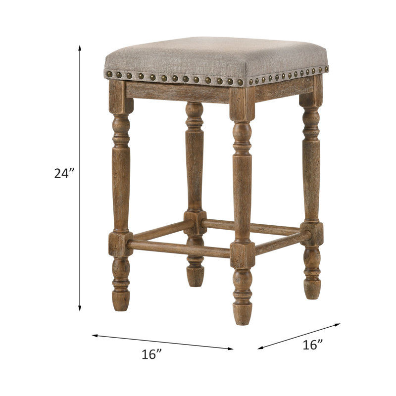 Weathered Oak Backless Counter Height Stool with Beige Upholstered Seat