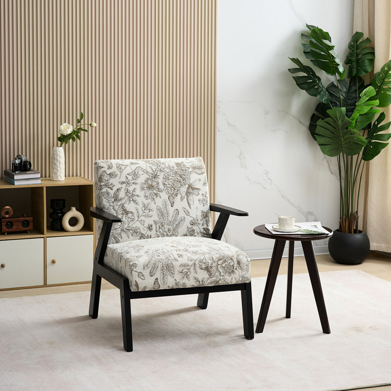 Fauteuil de style Mid-Century, coussin de siège beige et gris, brodé, fonction confort, capacité de poids de 350 lb, structure en bois d'hévéa, idéal pour le salon, fauteuil moderne de 23,97 lb avec + confortable