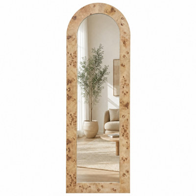 Arched Full Length Floor Mirror with Natural Birch Burl Frame – Freestanding or Wall Mounted for Bedroom Living Room Entryway