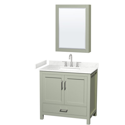 Meuble-lavabo simple 36 po Sheffield en vert clair, comptoir en marbre de culture de Carrare, lavabo carré encastré (3 trous), garniture en nickel brossé, armoire à pharmacie
