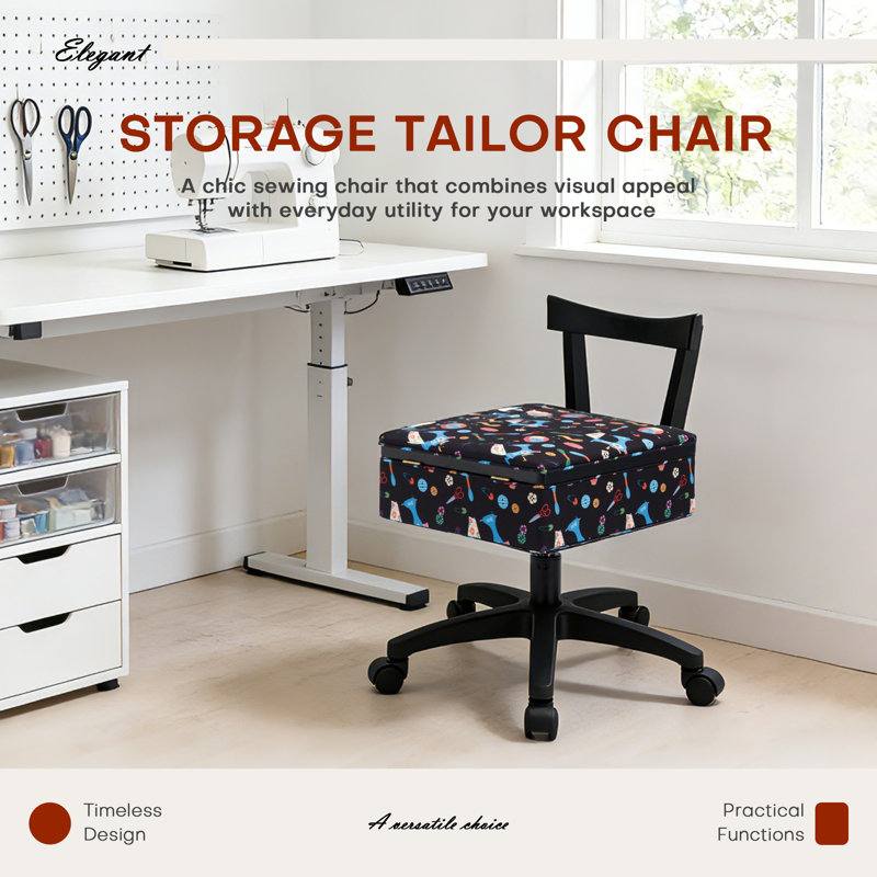 Sewing Chair with Under Seat Storage Adjustable Height Rolling Crafting Chair with Backrest & Wheels