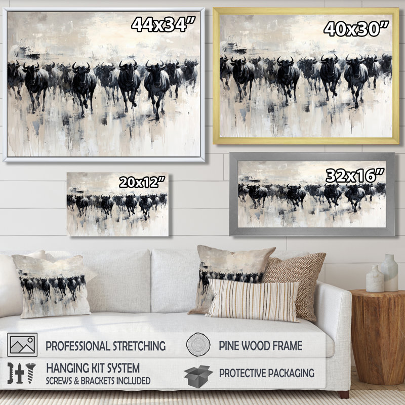 Reproduction d'art mural «Great Mrain of Wildebeest In Serengeti I», H 16 po x l 32 po, Blanc