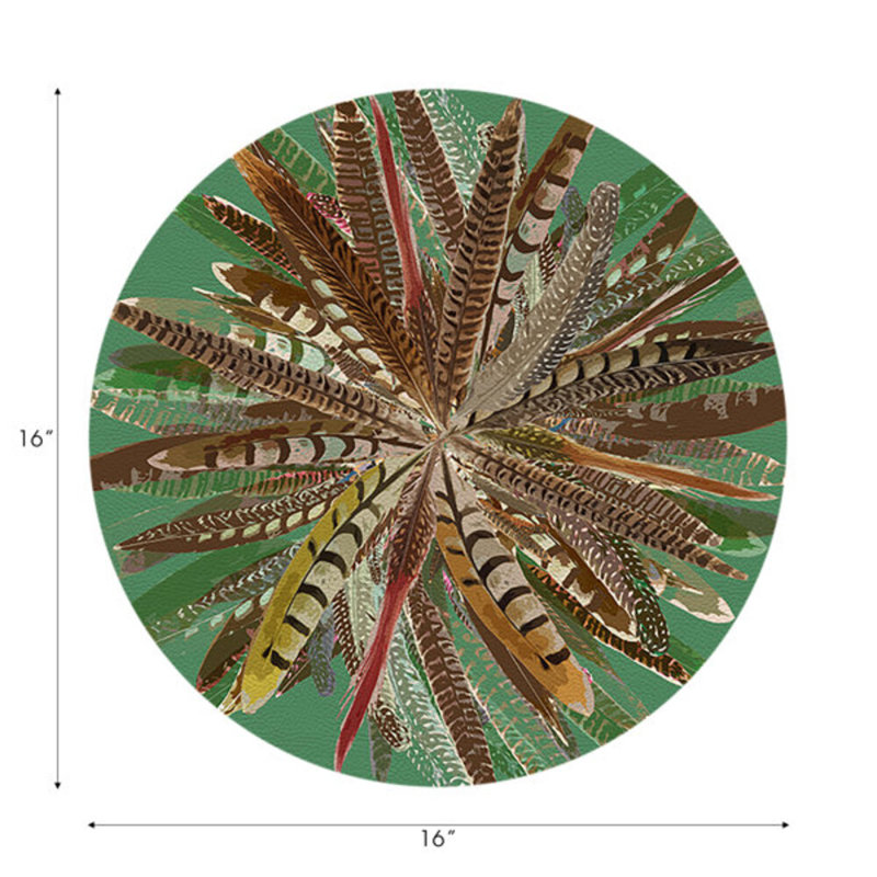 Pheasant Feathers Vegan Leather Round Pebble Placemat, Green