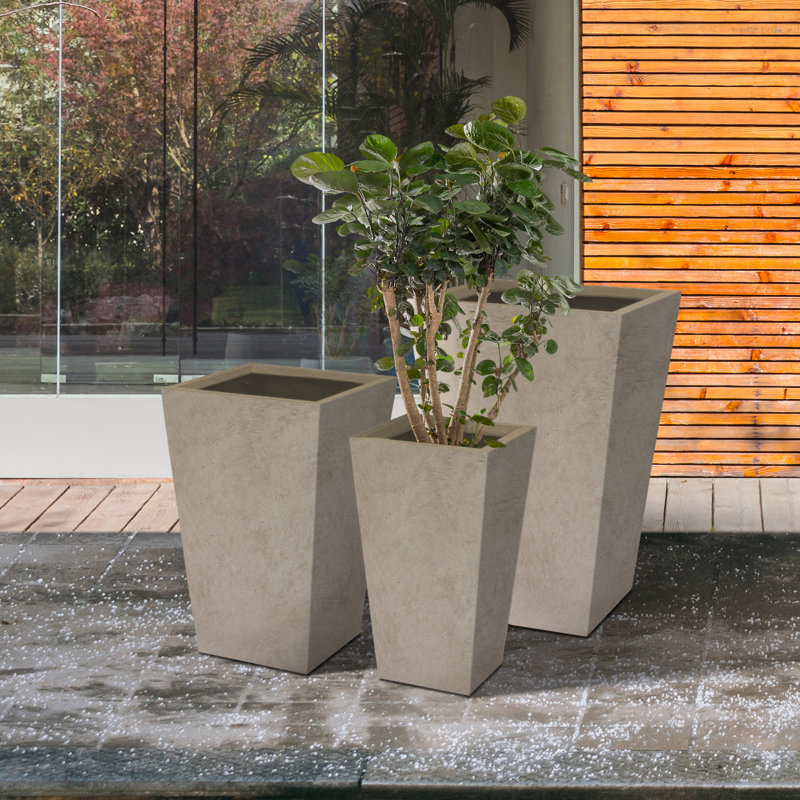 Wurster 3 Piece Tall Planters, Large Outdoor Indoor Decorative Pot with Drainage Hole and Rubber Plug, Modern Tapered Style Set