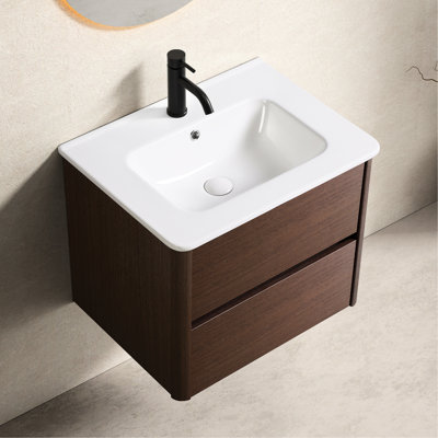Meuble-lavabo mural de 24 po avec lavabo et tiroir, conception américaine, contreplaqué brun foncé, lavabo, marbre de culture facile à nettoyer 24 po avec marbre teinté, porcelaine