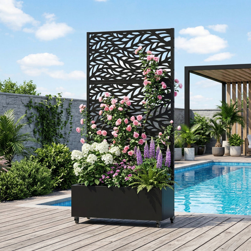 Boîte à fleurs en métal galvanisé avec treillis Eddison, H 72 po x l 35 po x P 16 po, Noir, Set of 2