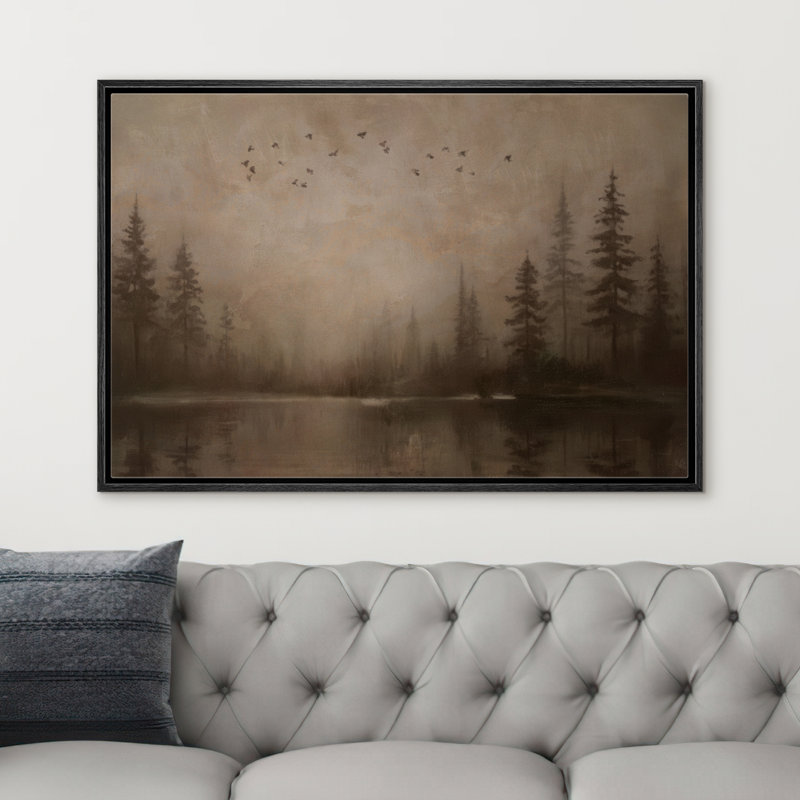«Misty Forest Lake Scene with Flying Birds», reproduction d'art sur toile encadrée, Noir, H 16 po x l 24 po x P 1,5 po