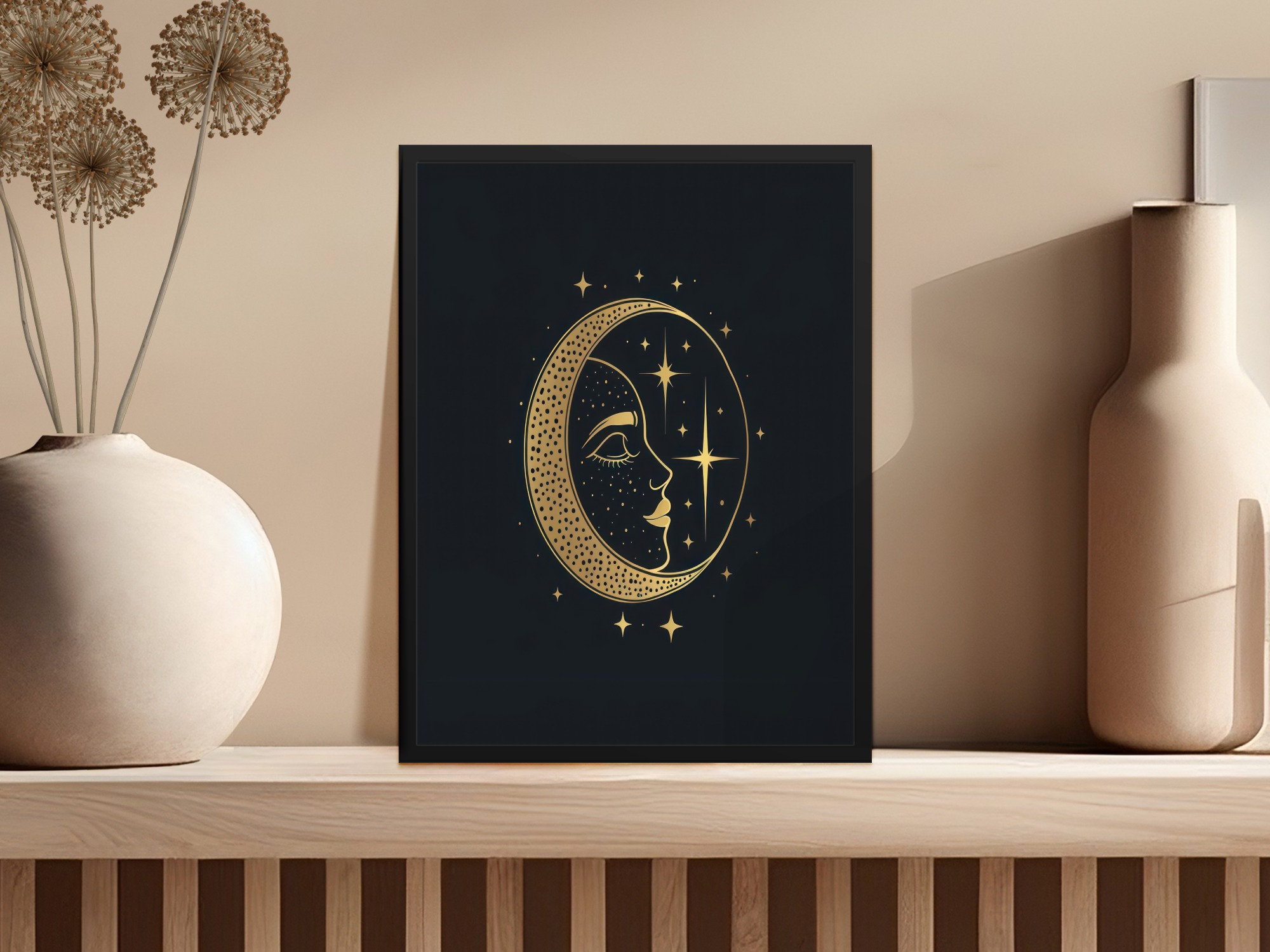 Lark Manor Golden Moon Woman and Stars Celestial Night Art Framed ...