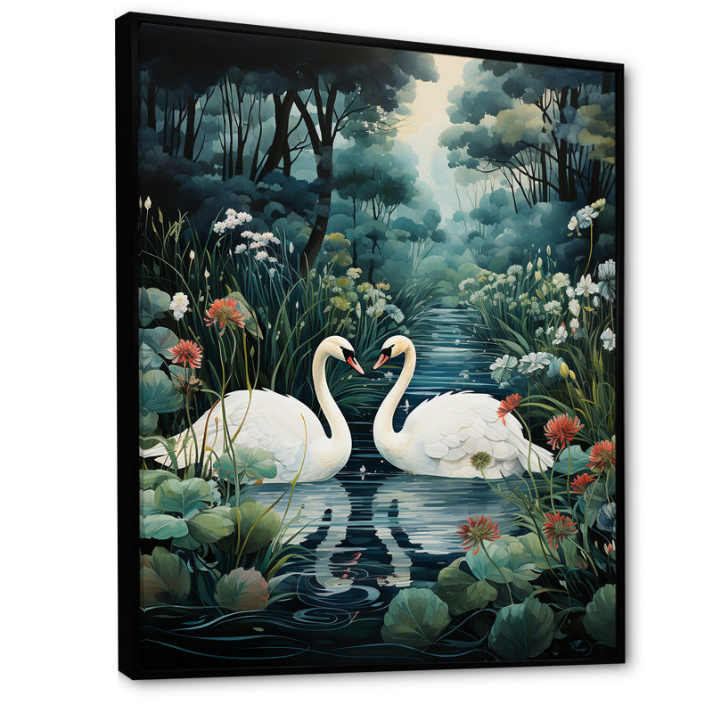 Cygnes, amour éternel, art mural sur toile, Cadre flottant noir, H 32 po x l 24 po