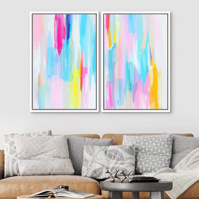 SIGNLEADER Framed Canvas Print Wall Art Set Vibrant Blue Pink Pastel Stripes Abstract Shapes Digital Art Modern Art Decorative Minimal Relax/Zen For Living Room, Bedroom, Office