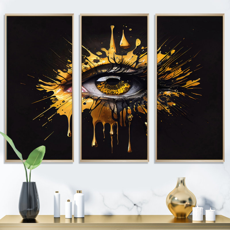 Œil liquide noir et or II - reproduction de 3 pièces, H 28 po x l 36 po x P 1 po, Encadré naturel