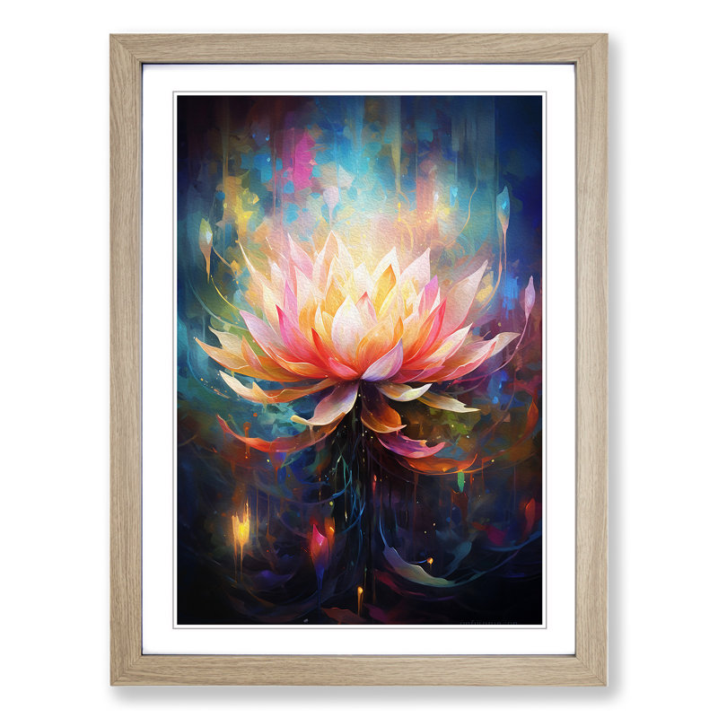 Lotus Flower Abstract - Single Picture Frame Print on Wood, Oak, 34cm H x 25cm W x 2cm D